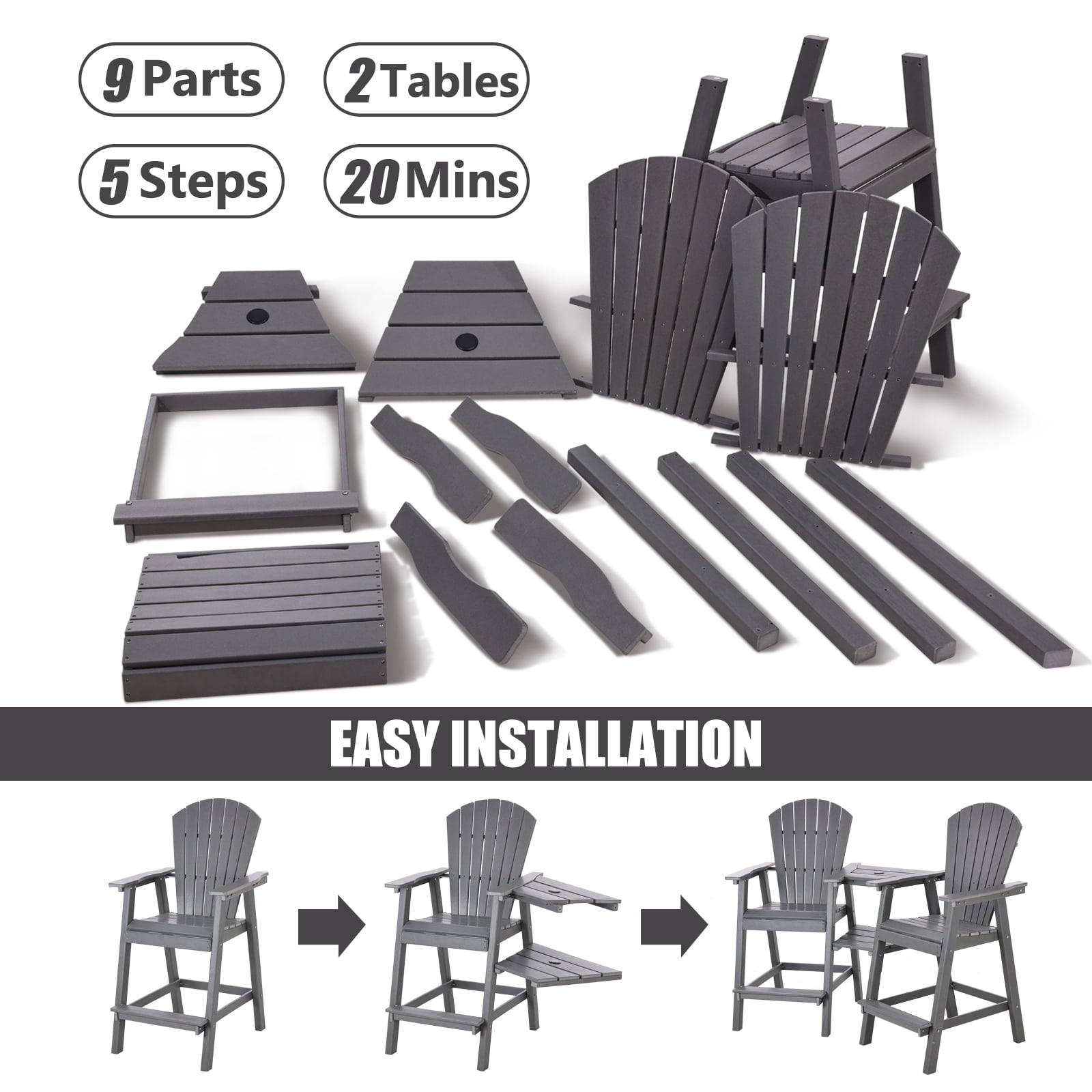 FOOWIN Tall Adirondack Chairs Set of 2，HDPE Outdoor Adirondack Barstools with Double Connecting Tray Patio Stools Weather Resistant for Outdoor Deck Lawn Pool Backyard,Grey