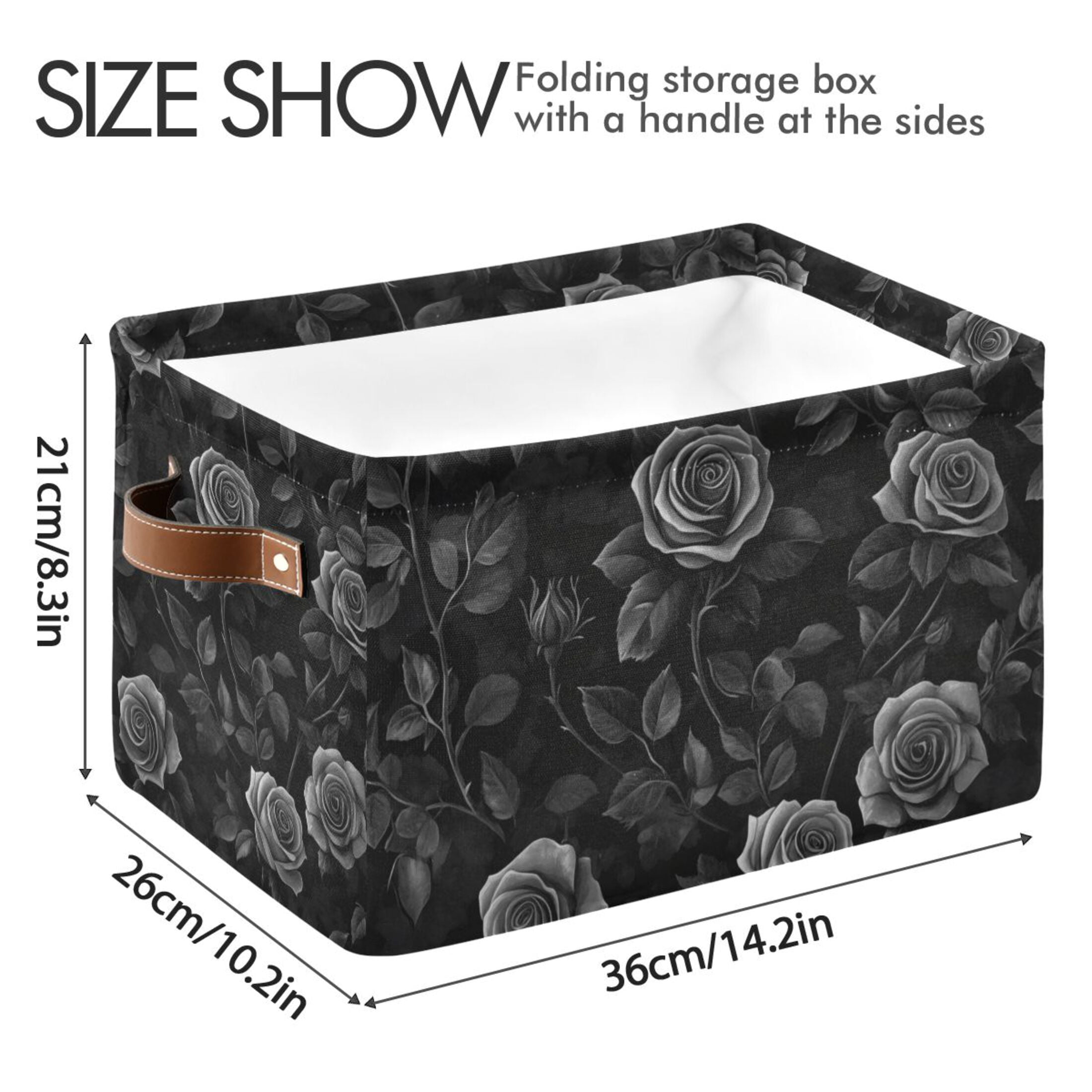 WOBOGO Black Rose Square Storage Basket with Waterproof Canvas and PE Lining Durable PU Leather Handles 14.2×10.2×8.3in