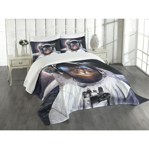 Ambesonne Space Cat Quilted Bedspread Set 3 Pcs, Cosmos Cluster Zodiac, King Size, White and Dark Blue