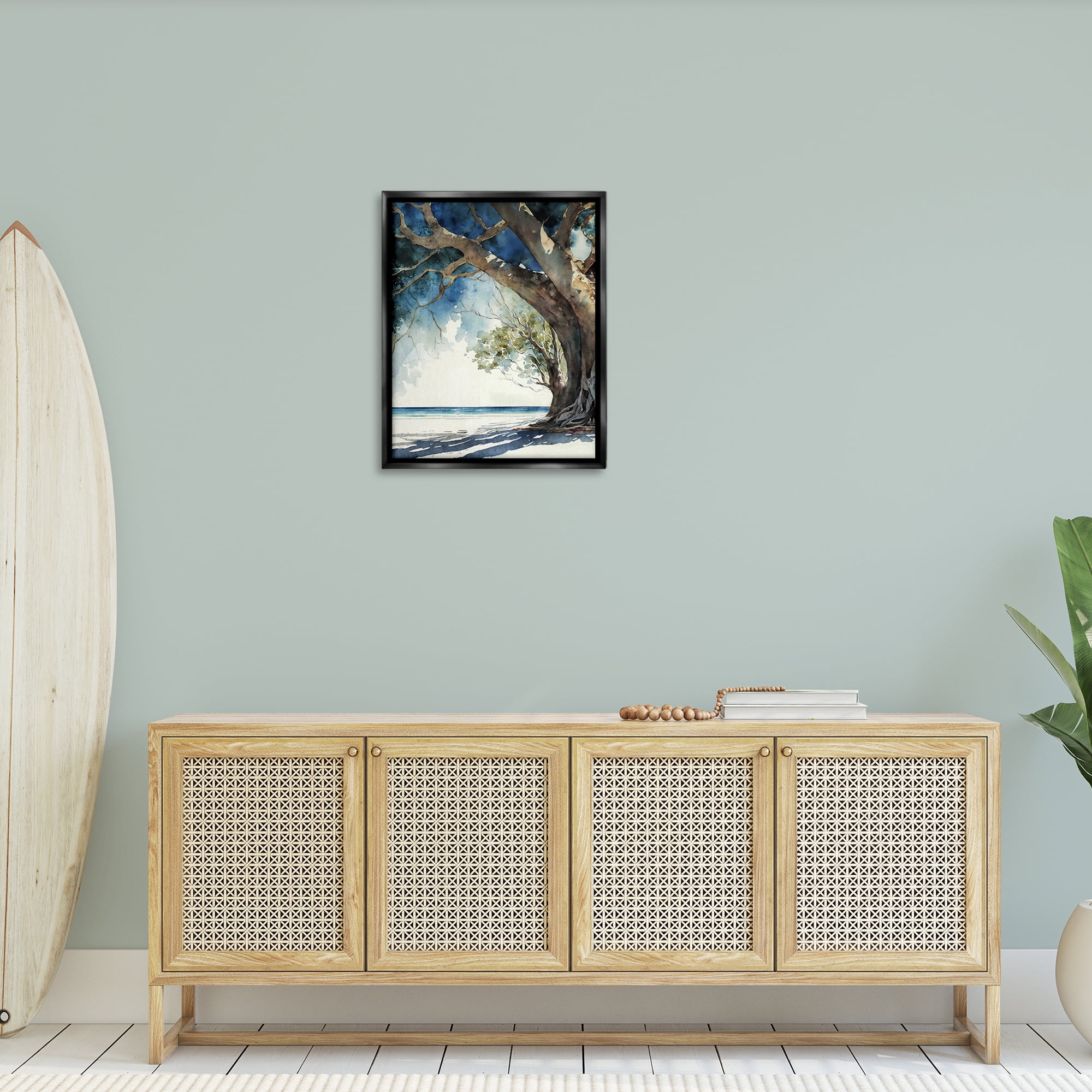Stupell Industries Looming Tree on Coast Landscape & Nature Painting Black Floater Framed Canvas Art Print Wall Art, 25 x 31