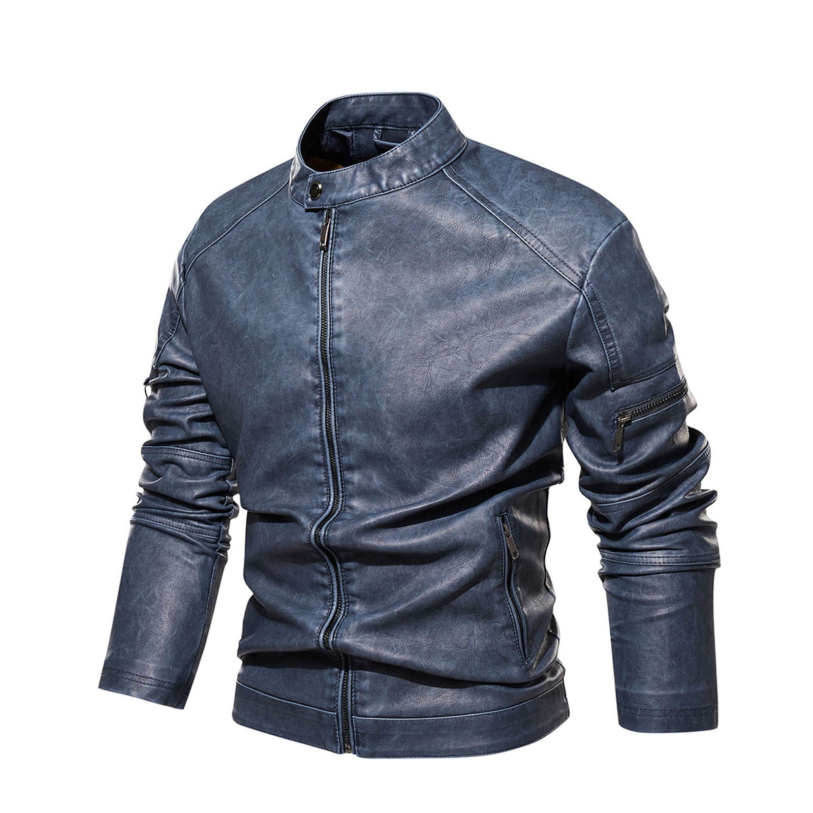 HAPIMO Leather Jacket Men's Casual Stand Collar Slim Leather Sleeve Flight Jacket Faux Leather Biker Jacket Blue L
