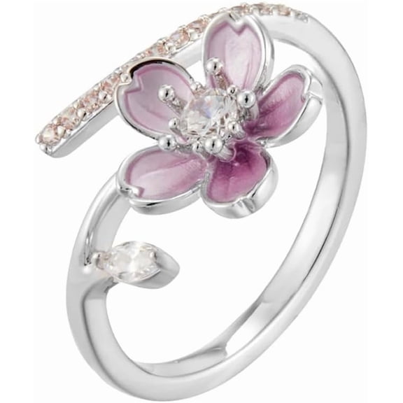 Cherry Blossom Cubic Zirconia Ring for Women Adjustable Open Band Silver Plated Flower Statement Ring Promise Engagement Rings Wedding Band
