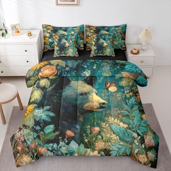 Erosebridal Jungle Animal Black Bear Twin Bedding Sets 7-Piece For Boys Girls,Teens Oil Painting Style Flowers Butterfly Bedding Comforter Set,Black Reversible