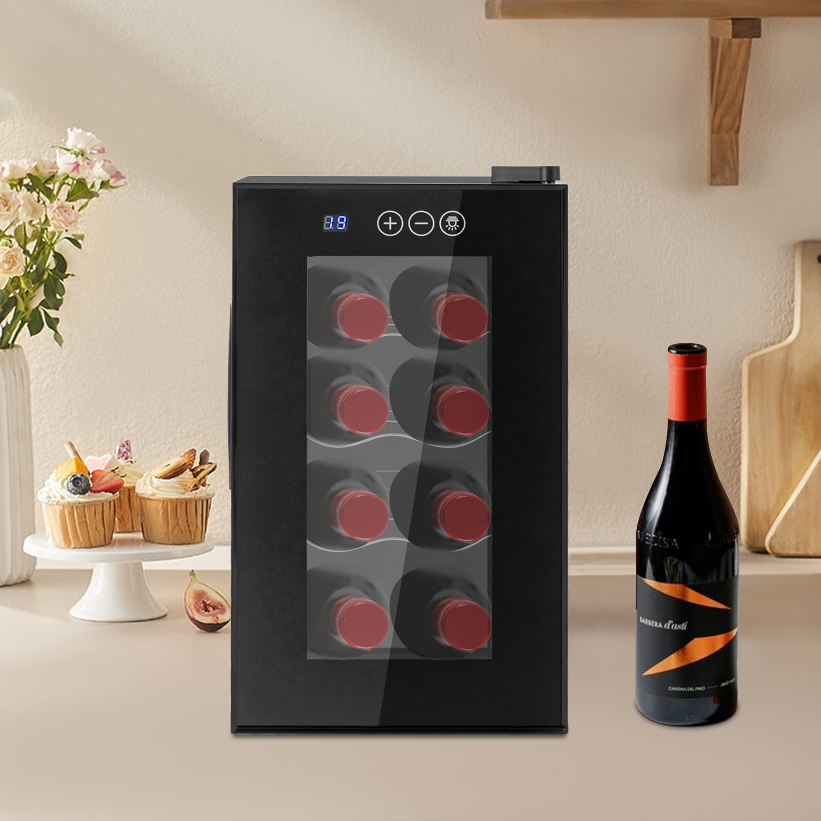 Miumaeov Thermoelectric Wine Cooler Countertop, 8-Bottle Horizontal Wine Fridge with Removable Shelves, 4 Tiers Freestanding Wine Chiller, 46.4-64.4°F