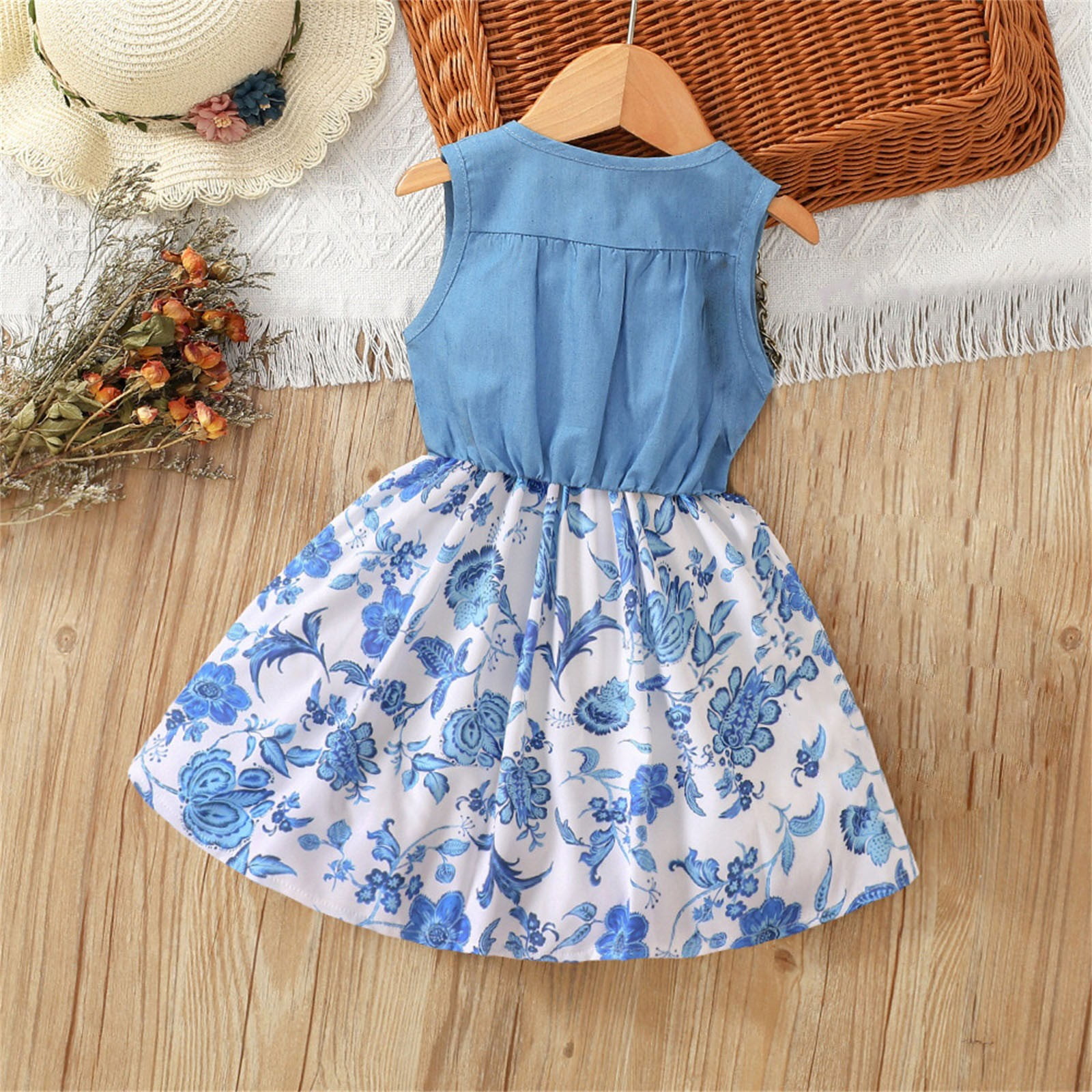 Fashion Clothes for Girls 2 to 7 Years Old Children's Summer Outfit Denim Patchwork Printed Vest Dress School