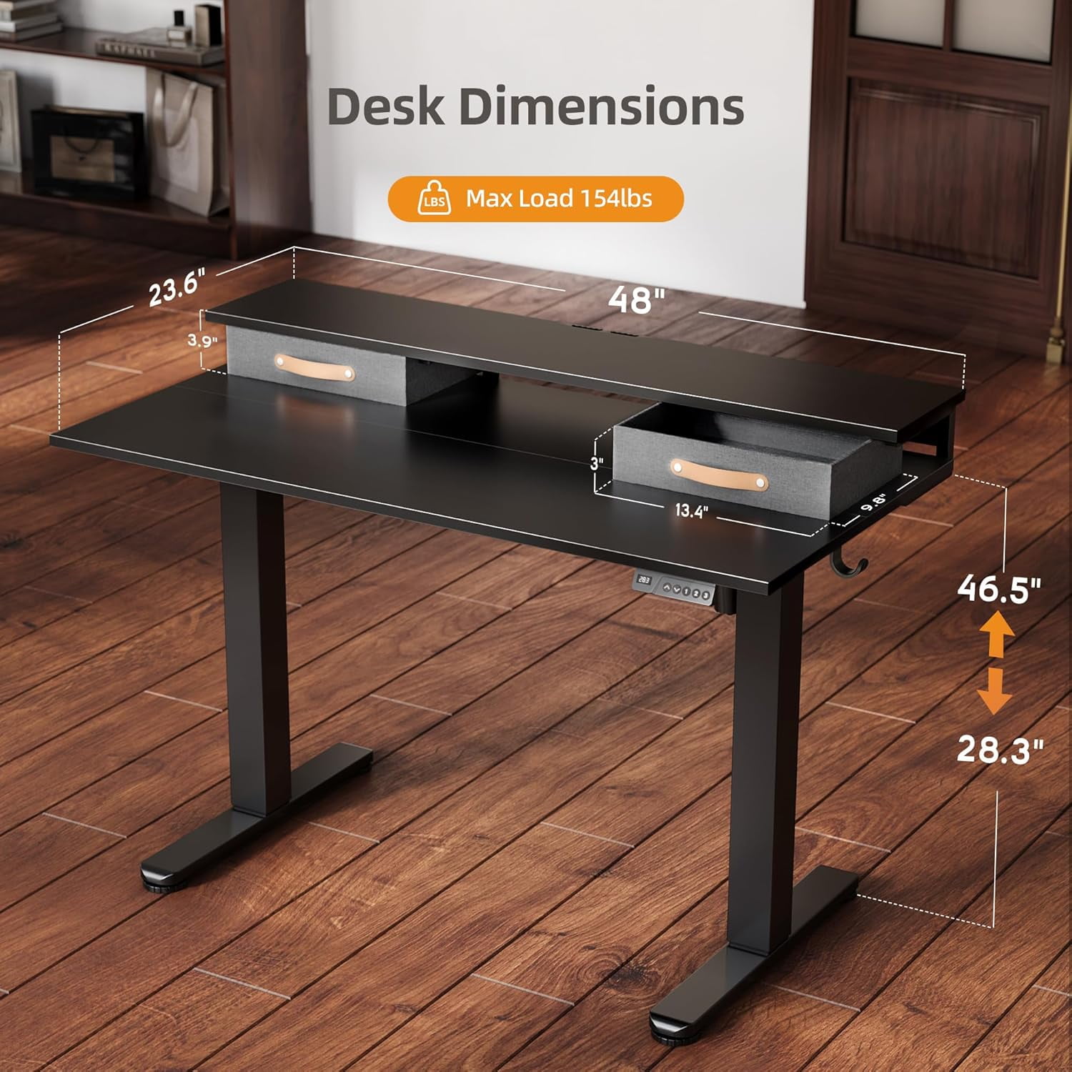 Claiks Electric Standing Desk with 2 Drawers, Adjustable Standing Desks with Storage, Height Adjustable Stand up Desk for Home Office with 2 Hooks,55 Inch Black