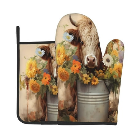 

Tebeau Bucket Flower Cow Print Oven Mitts and Pan Racks 2-Piece Set Kitchen Oven Mitts and Pan Racks Heat Resistant 500 °F for Baking and Cooking
