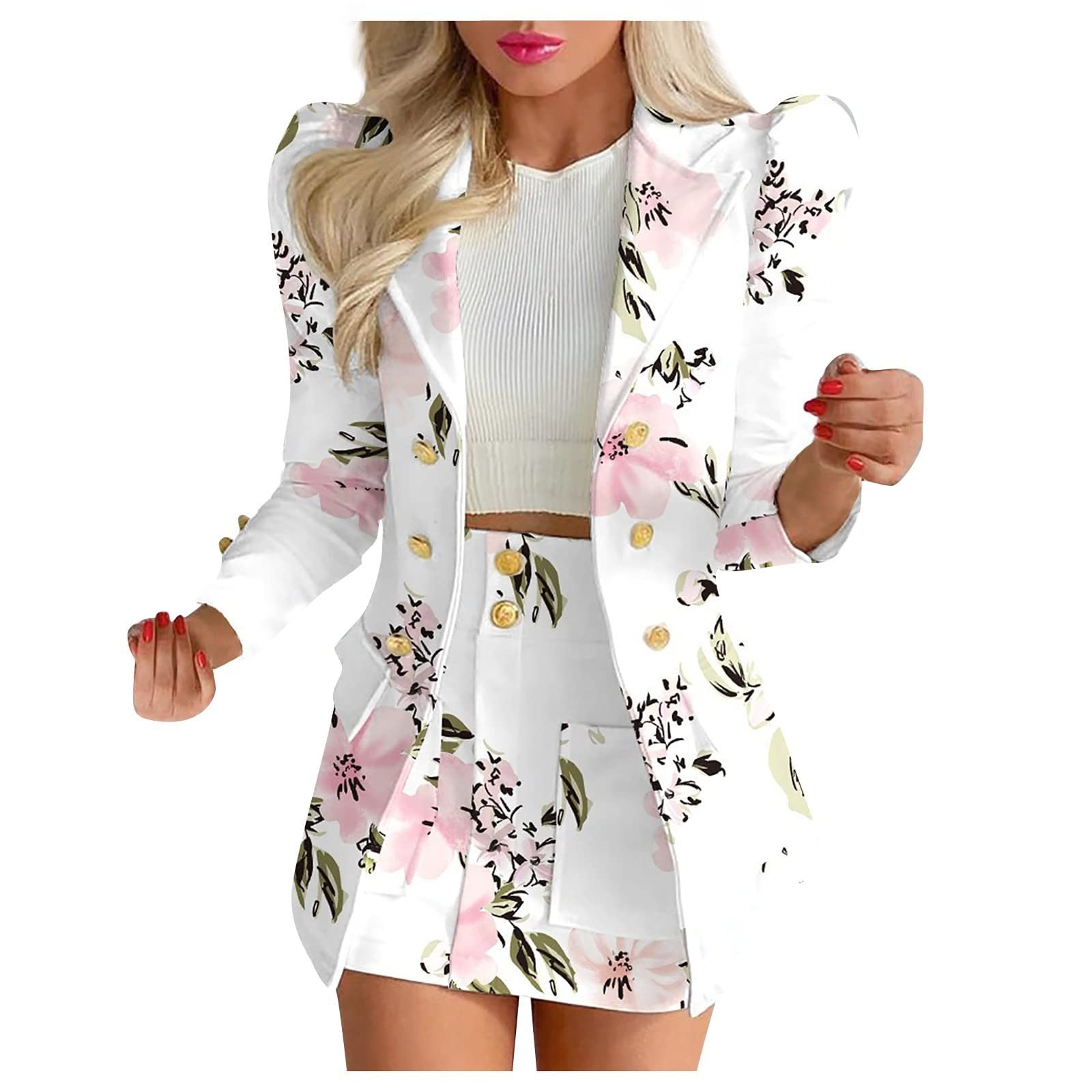 Niuer Women Floral Print Suit Sets Slim Fit Business 2 Piece Double  Breasted Blazer and Skirt With Pockets Casual Outfits White M 