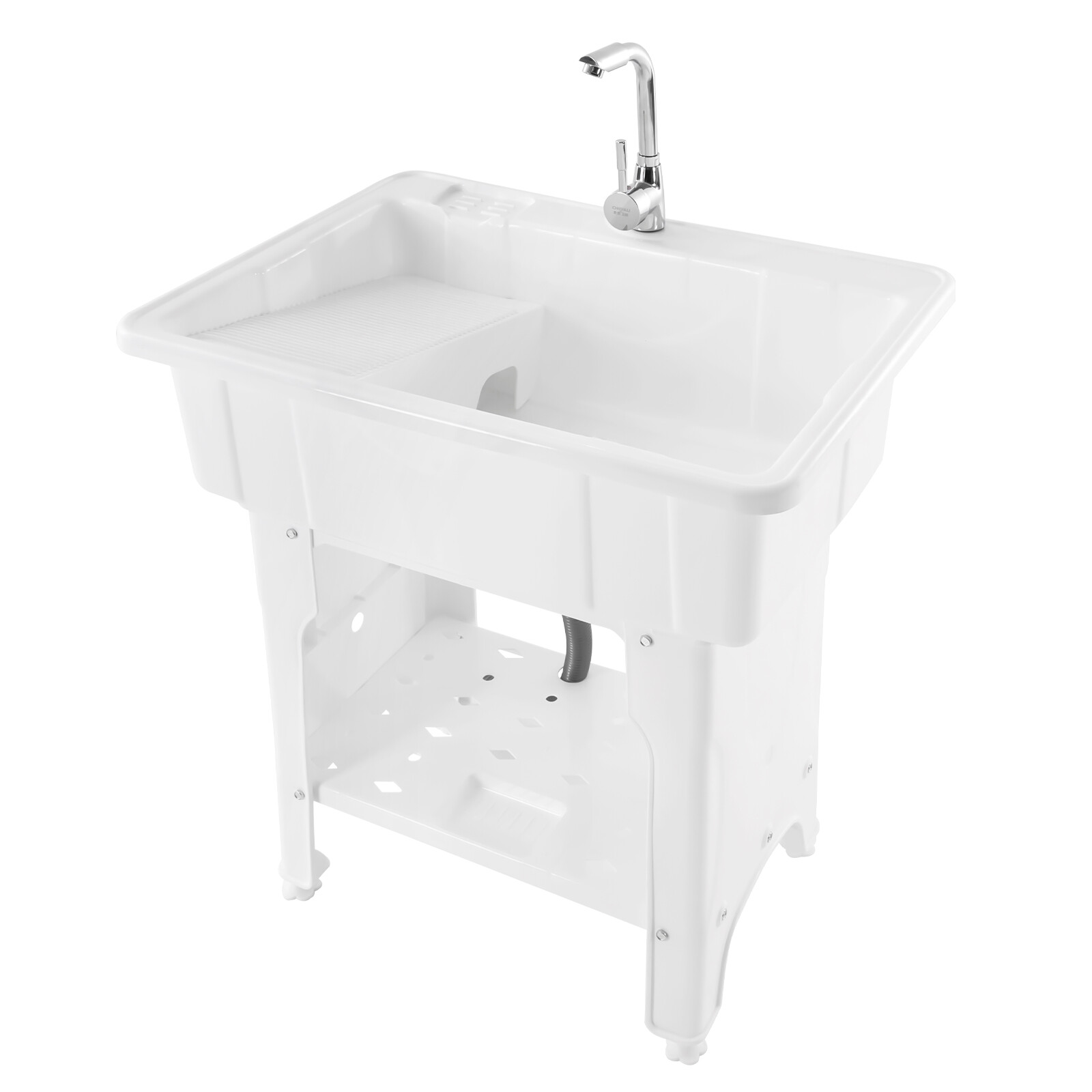Freestanding Plastic Laundry Sink, 70kg/154lbs Load， Utility Sink with Hot & Cold Faucet & Soap Grooves for Garage