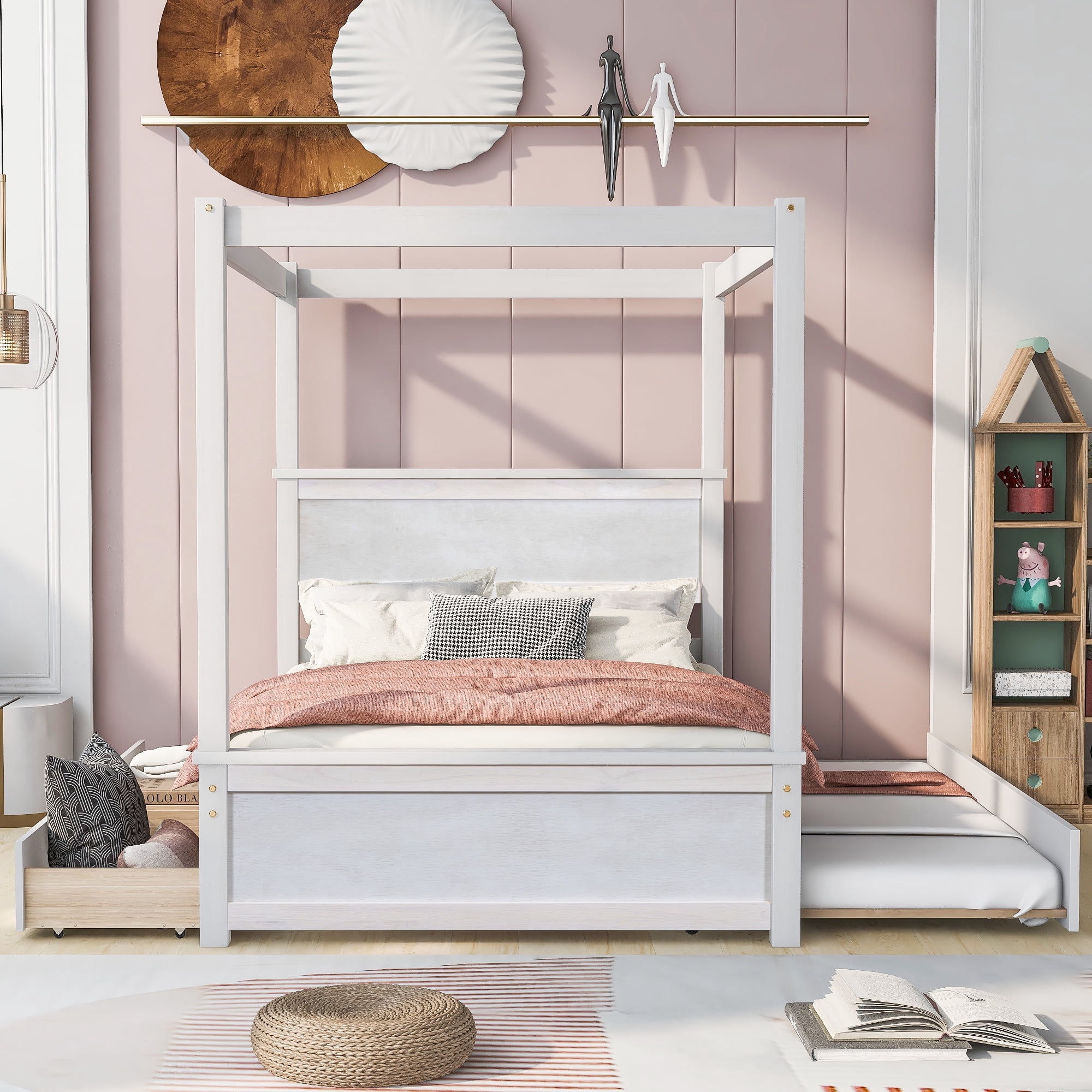 Harper & Bright Designs Full Size Canopy Bed Frame with Trundle and 2 Storage Drawers, Wood Full Platform Bed with Headboard, White