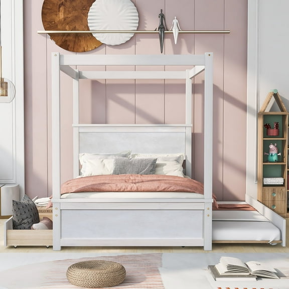 Harper & Bright Designs Full Size Canopy Bed Frame with Trundle and 2 Storage Drawers, Wood Full Platform Bed with Headboard, White