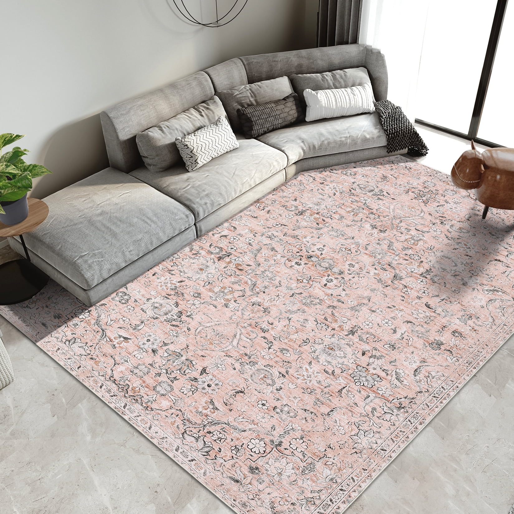 Hasoo 9' x 12' Area Rug for Living Room Boho Vintage Rug Non Slip Throw Rugs Floral Bedroom Rug, Pink