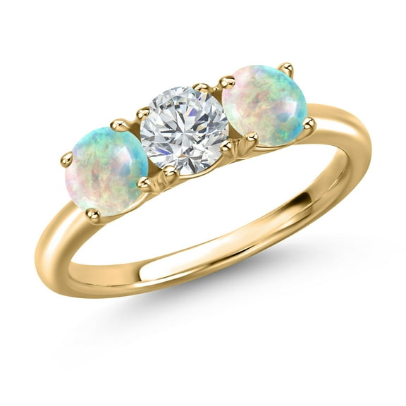 Gem Stone King 10K Yellow Gold Lab Grown Diamond and Simulated White Opal Engagement Ring for Women | 1.50 Cttw | Round 5MM | Gemstone April Birthstone | Size 8