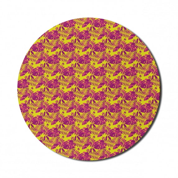 Exotic Mouse Pad for Computers, Modern Pattern with Vibrant Tropical Leaves Jungle Foliage, Round Non-Slip Thick Rubber Modern Gaming Mousepad, 8" Round, Yellow Dark Magenta, by Ambesonne