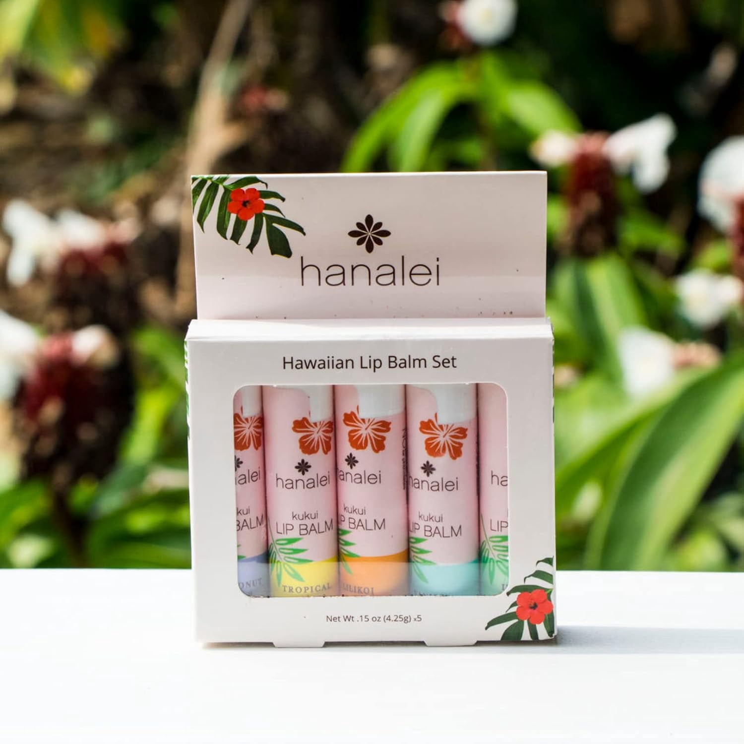 Hanalei Lip Balm and Moisturizer Set: 5 pack of Natural Hawaiian Kukui Oil and Beeswax Lip Balm to Replenish and Repair Dry, Chapped Lips - Tropical Citrus,Island Mint,Vanilla,Lili