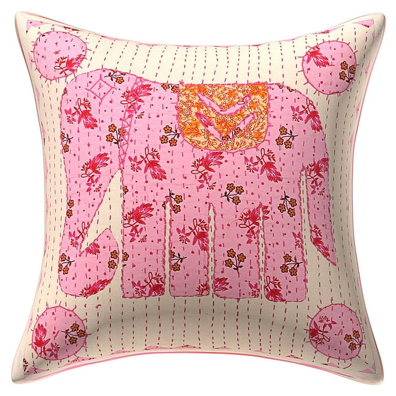 Stylo Culture Indian Couch Throw Pillow Cover 16x16 Applique Patchwork Kantha Baby Pink Beige Bohemian 40cm x 40cm Living Room Cotton Elephant Square Cushion Cover | 1 Pc