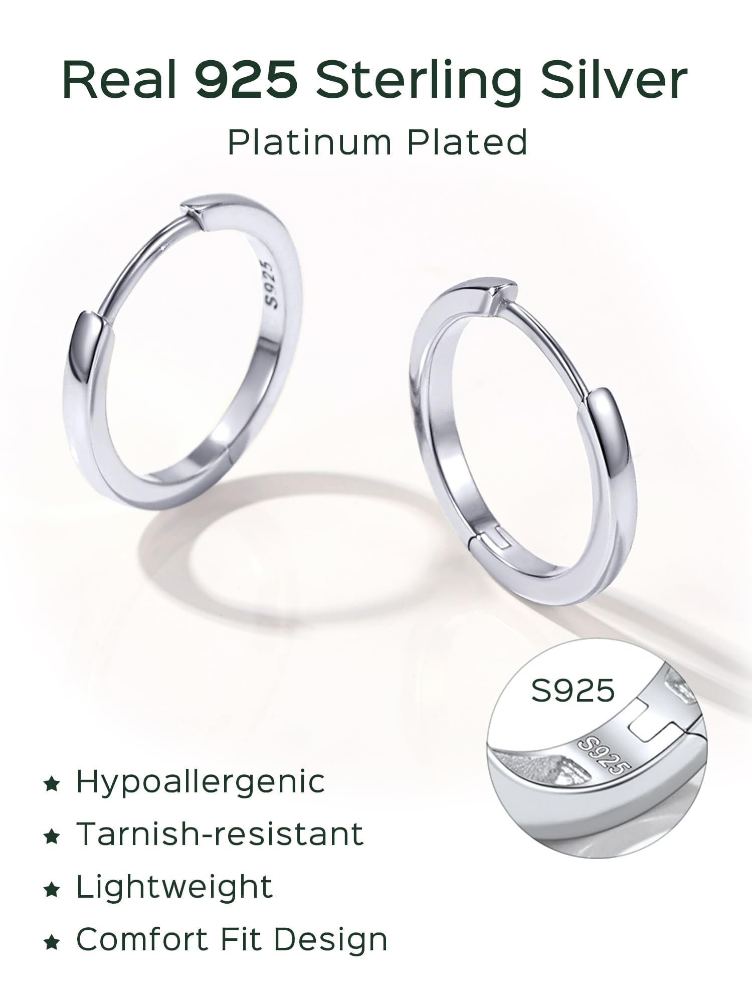 ChicSilver Hypoallergenic 925 Sterling Silver Huggie Hoop Earrings Lightweight Small Hoop Earrings for Women Silver 14MM