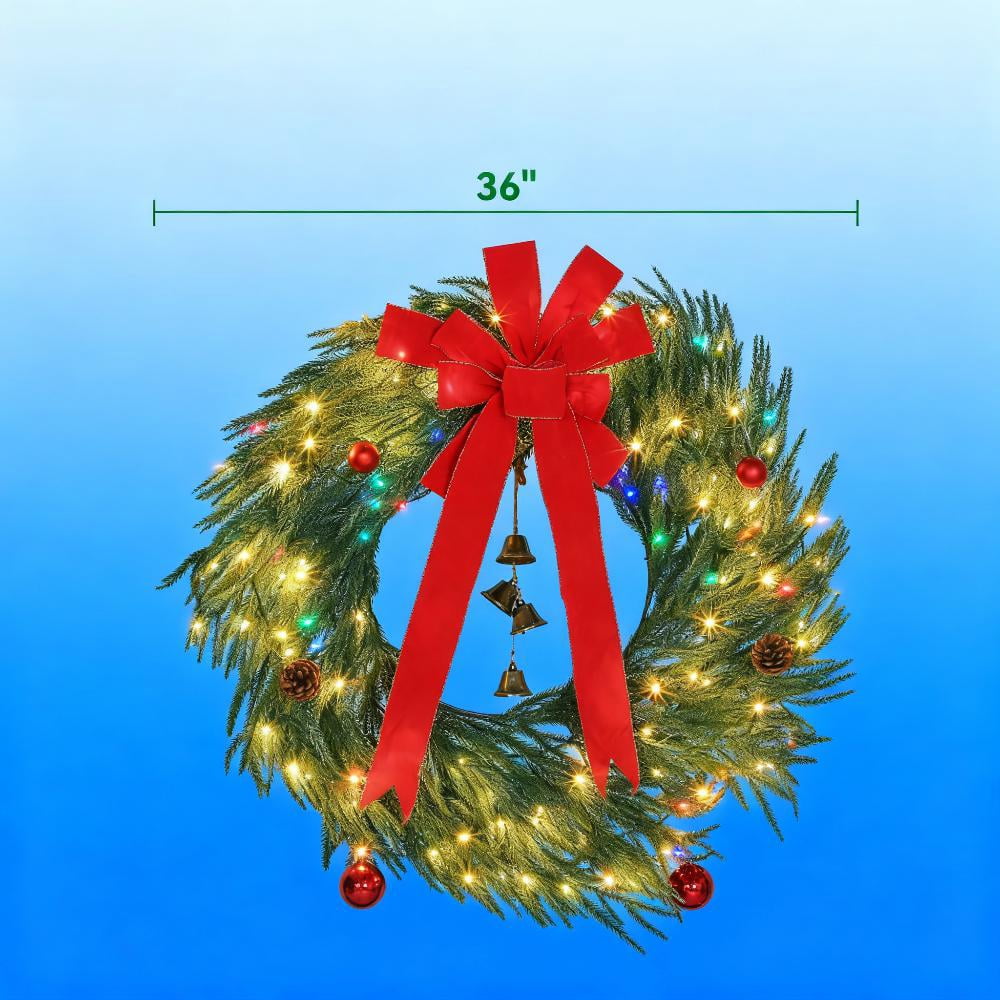 36 Inch Norfolk Pine Christmas Wreath with 100 LED Lights 8 Modes Red Ornaments Pinecones Indoor Outdoor Decor
