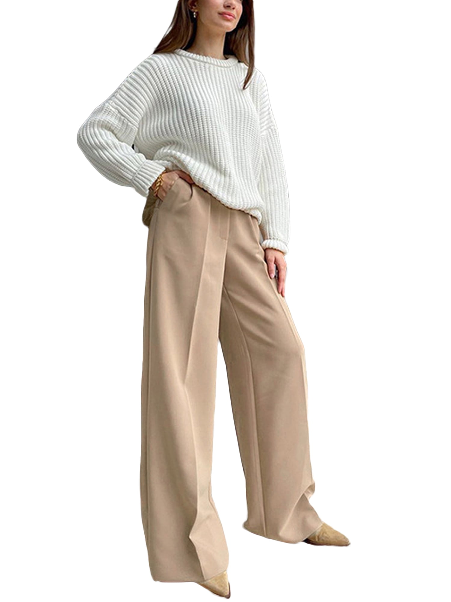 TSEXIEFOOFU Women High Waist Casual Wide Leg Long Palazzo Pants Trousers  Regular Size - Walmart.com