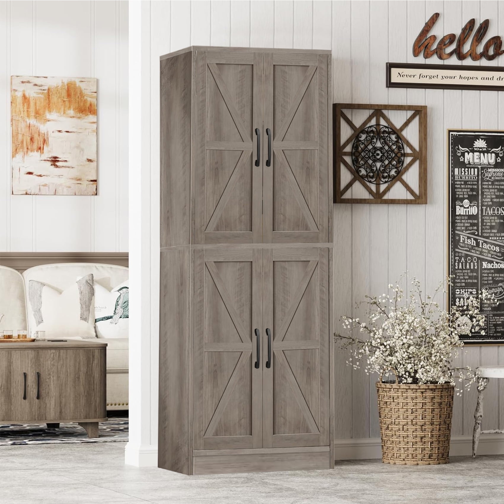 BOCVKENN Kitchen Pantry Cabinet, 67.7" Tall Wood Storage Cabinet with 4 Doors and Shelves Freestanding Cupboard for Dining Room Living Room Bathroom,Natural