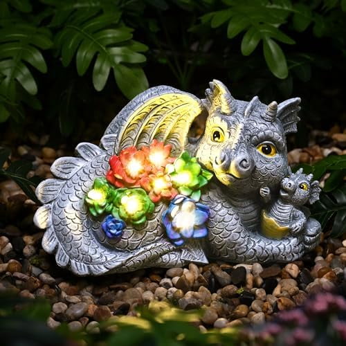 Solar Garden Statues Dragon Statue Figurine Lights for Outside, Garden Decor Yard Decorations Outdoor for Mom, Women Housewarming Birthday Gifts
