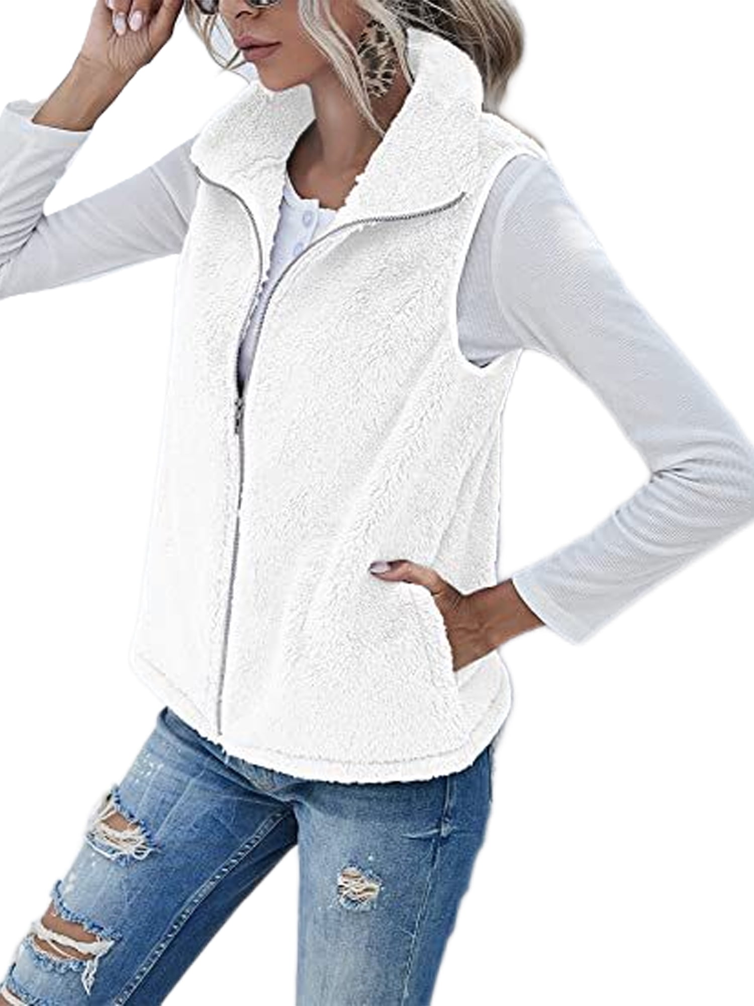 Frontwalk Fuzzy Fleece Sleeveless Jacket for Women Winter Zip Up Outwear  Waistcoat Solid Color Warm Vest With Pockets White XXL