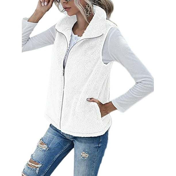 Frontwalk Fuzzy Fleece Sleeveless Jacket for Women Winter Zip Up