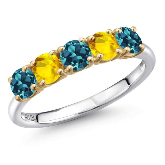Gem Stone King 925 Silver and 10K Yellow Gold London Blue Topaz and Yellow Sapphire Wedding-Bands Ring for Women | 1.71 Cttw | Round 4MM | Gemstone November Birthstone | Size 5