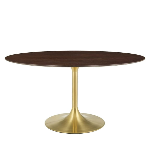 Dining Table, Oval, Wood, Gold Dark Brown Brown Walnut, Modern Contemporary Urban Design, Kitchen Room Cafe Bistro Restaurant Hospitality