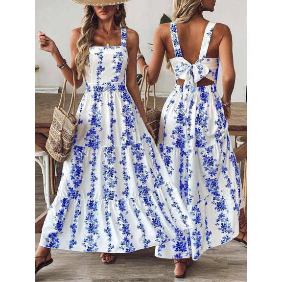 Womens Royal Blue Floral Print Tie Back Maxi Dress Summer Boho Beach
