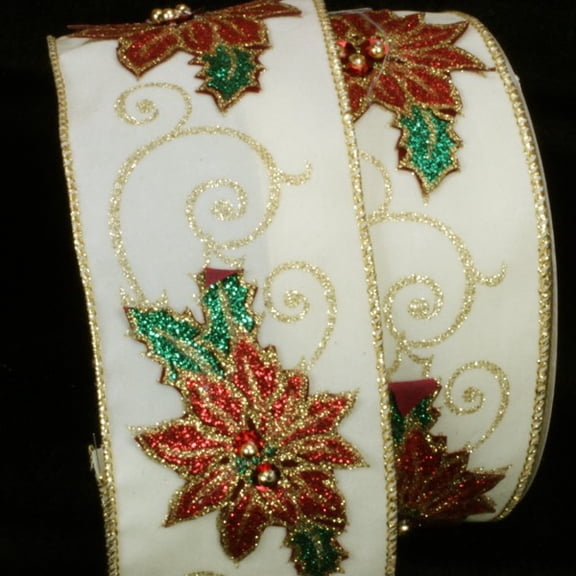 The Ribbon People White and Green Poinsettia Appliques Wired Craft Ribbon 2.5" x 10 Yards