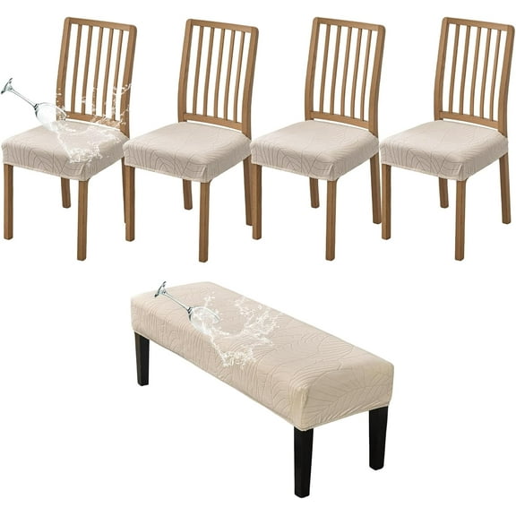 Waterproof Dining Room Chairs Seat Covers Set of 4 with Stretch Bench Slipcover Jacquard Kitchen Chair Slipcover Washable Seat Cushion Slipcover for Hotel Banquet Wedding Party, Beige