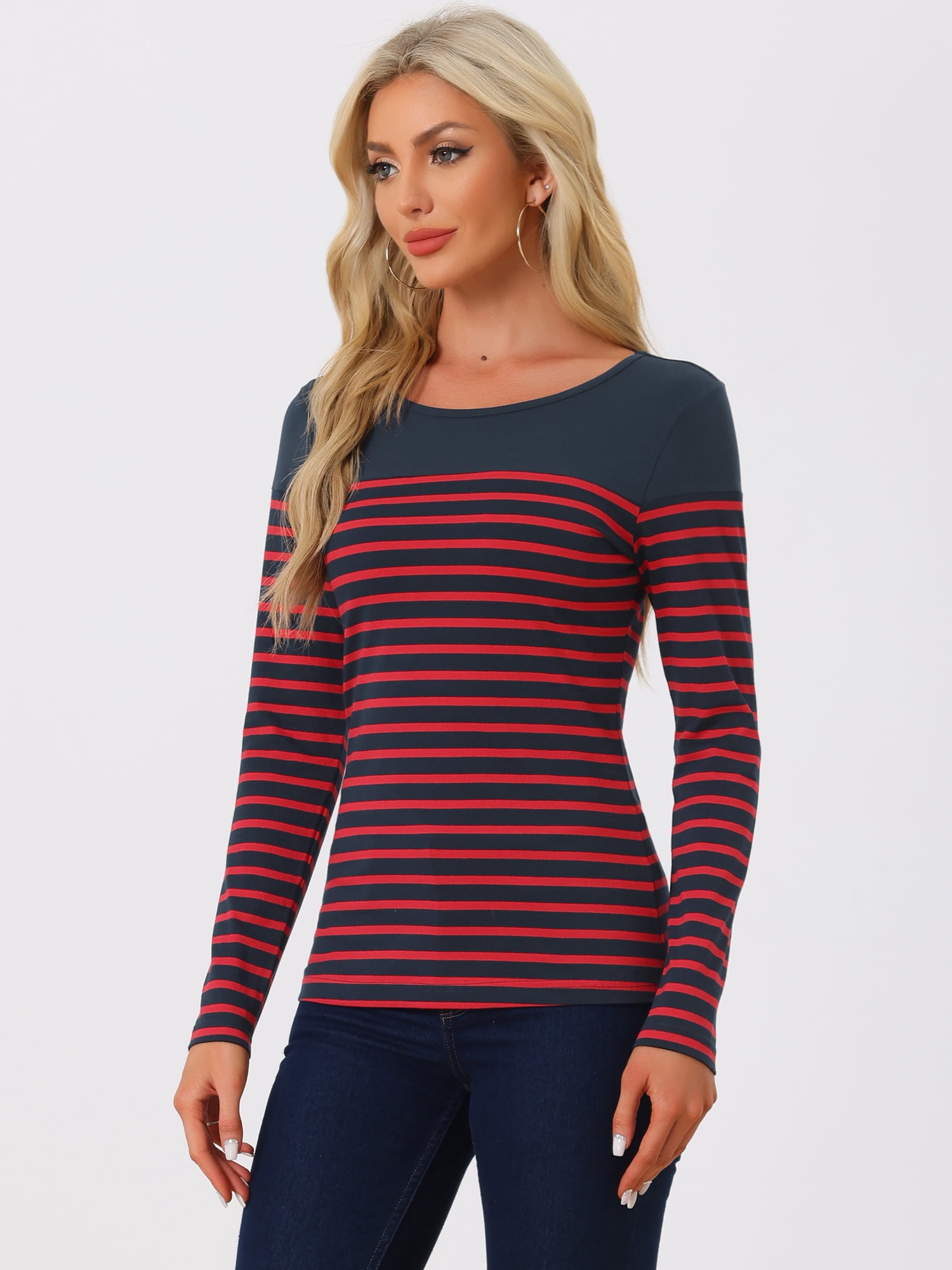 DARING DIVA Women's Color Block Striped Knit Top Long Sleeves T-Shirt M Navy Blue Red