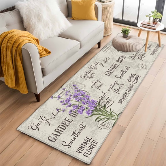 Purple Lavenders Eater 2'x6' Runner Rugs for Hallway Kitchen Bedside Non Slip Washable, Vintage Floral Retro Art Entryway Rug Runners with Rubber Backing, Long Carpet Runner for Laundry Room