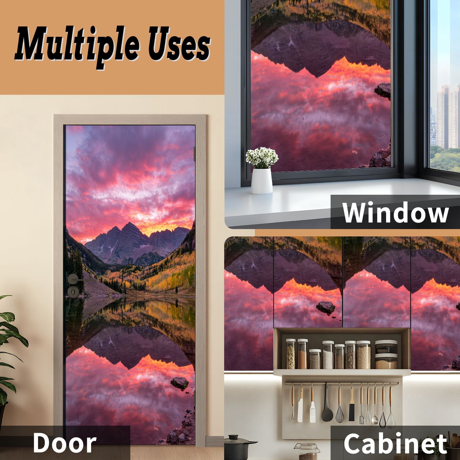 Self Adhesive Vinyl Refrigerator Wrap Set Maroon Bells autumn aspen trees lake reflections Aspen Door Mural Removable Fridge Sticker Peel and Stick&nbsp;Full Door Cover Decal Kitchen Bar Decor