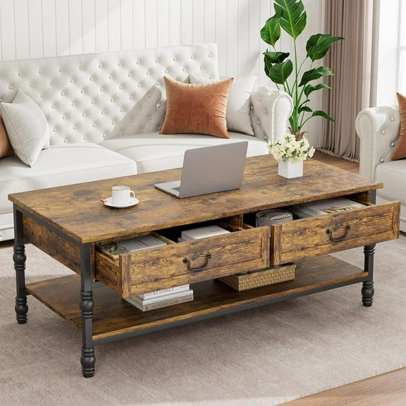 Roromall Coffee Table with Drawers, 41" Wooden Table with Storage Rectangular Cocktail Tables Retro Vintage Tea Table for Living Room