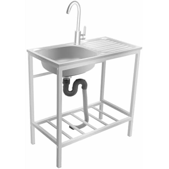 Outdoor Utility Sink with 360° Faucet, Freestanding Stainless Steel Laundry Tub with Storage Shelf, Portable Single Bowl Sink Station for Garage, Kitchen, Restaurant, Camping, Backyard