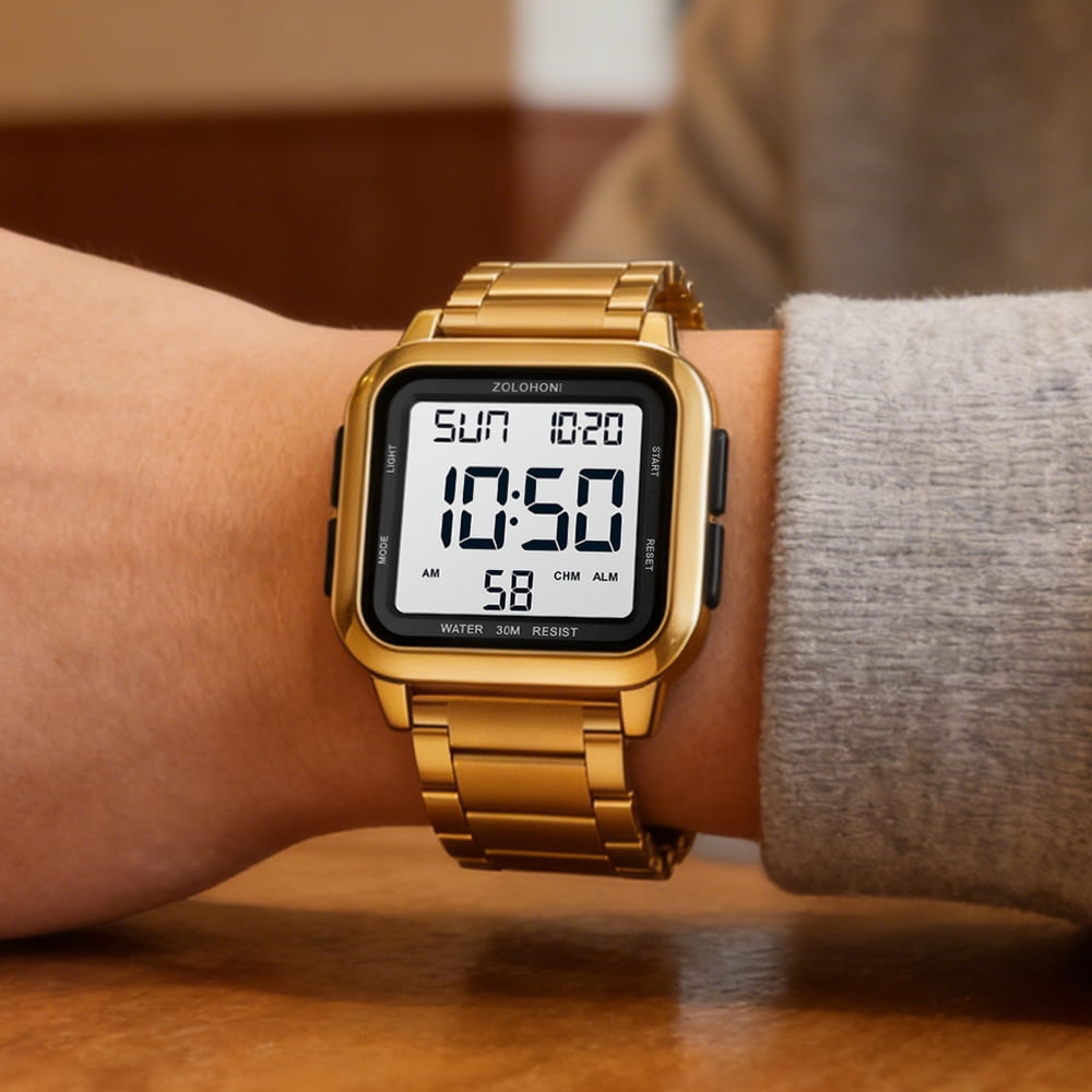 ZOLOHONI Digital Watches for Men Gold Stainalee Steel Waterproof Electric Watch Mens Sports Watches