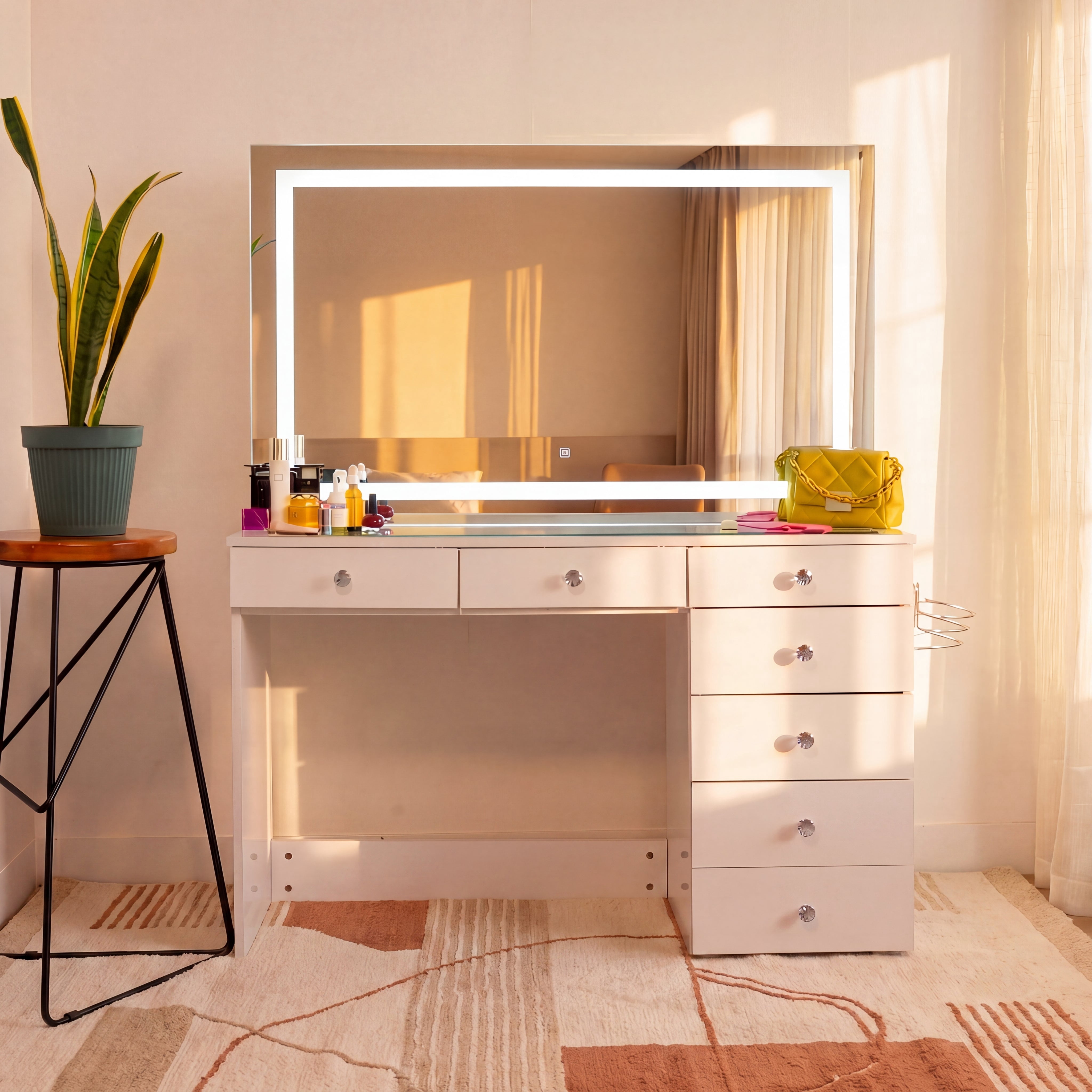 Boahaus Lyra Vanity Desk with LED Mirror and Built-In Speakers – Compact Makeup Vanity Table with Storage and Power Outlet