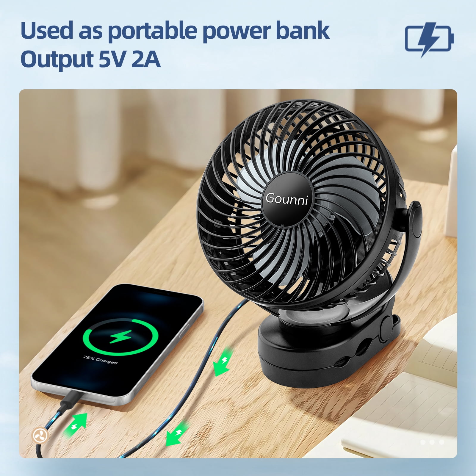 Gounni Clip-on Fan or Desktop Fan 10000mAh Battery 6-inch 3 Speeds