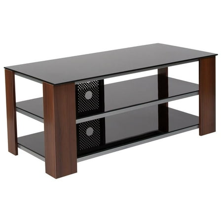 Mahogany Finished Accents - Black TV Stand with Glass Shelves, Steel Accents and Mahogany Wood Grain Finish Frame
