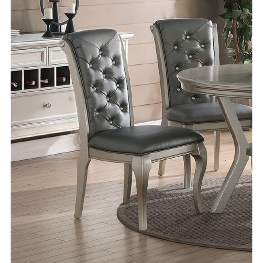 Set Of 2 Rubber Wood Dining Chair With Tufted Back, Gray And Silver - Saltoro Sherpi