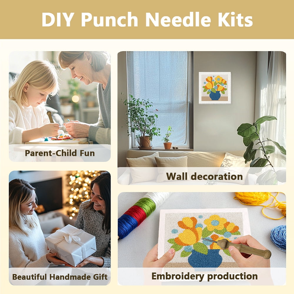 Polyester Cotton Punch Needle 4Folded Yarns Embroidery Kits Included Threader Cotton Thread Punch Needle Thread Clips 3.5MM Wooden Needle Flower for DIY