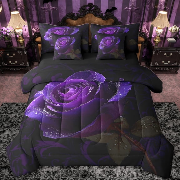 Castle Fairy Boys Girls Floral Purple Rose Twin Bedding Sets 7-Piece,Romantic Flowers Bedding Comforter Set Microfiber,Chic Flowers Blossoms Breathable Sheet Sets,Luxury Bedroom Decor,Reversible