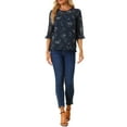 thumbnail image 2 of DARING DIVA Round Neck Ruffle Hem Floral Blouse Top M Navy Blue, 2 of 7