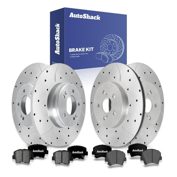 AutoShack Front & Rear Brake Rotors & Premium Pads for Hyundai, Veloster 2016, FWD L4 1.6L - Silver Zinc Coated Drilled & Slotted - SilverShield Pro