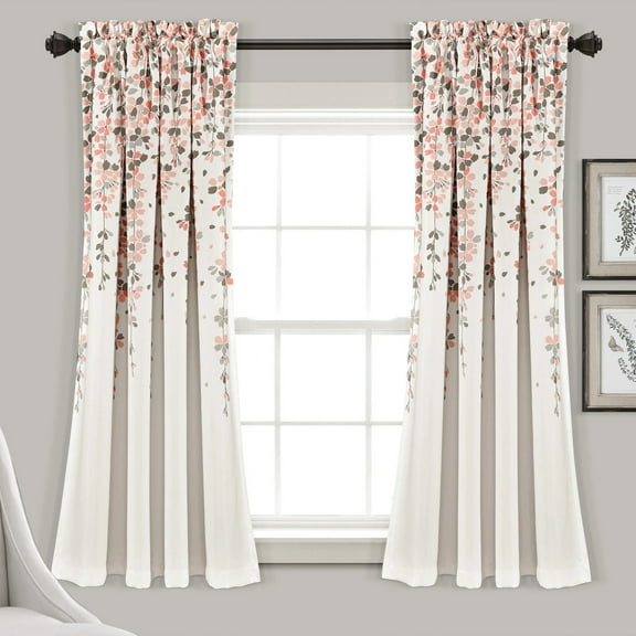 Lush Decor Weeping Flower Bright Colorful Floral Print 3" Rod Pocket Room Darkening Window Curtain Panel, Blush/Gray, 63"L x 52"W   2" Header, Set of 2