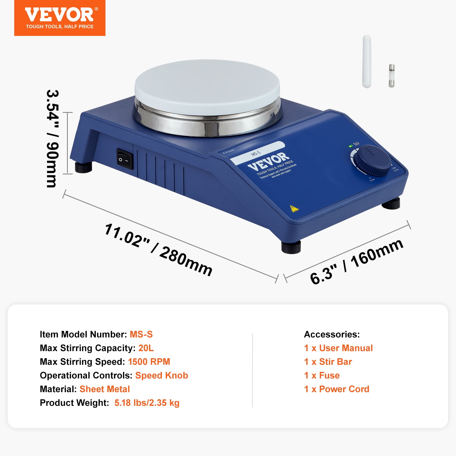KFFKFF Magnetic Stirrer Stir Plate Kit 0-1500 RPM Adjustable Speed Max 20L