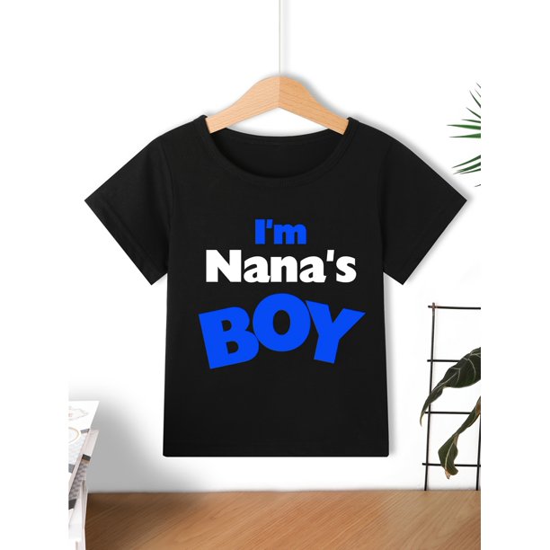 I'm Nana's Boy" Boys' Black T-Shirt - Casual & Cute Letter Print, Soft Cotton, Short Sleeve, Round Neck Top for Summer