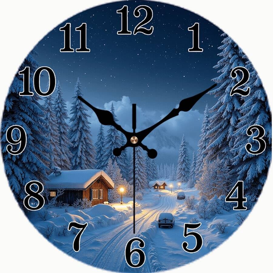 Winter Night Snowy Log Cabin Wall Clock, Silent Non-Ticking Round Wall Clock with Snow Pine Forest Scenery, Christmas Farmhouse Decorative Hanging Clock for Living Room Bedroom